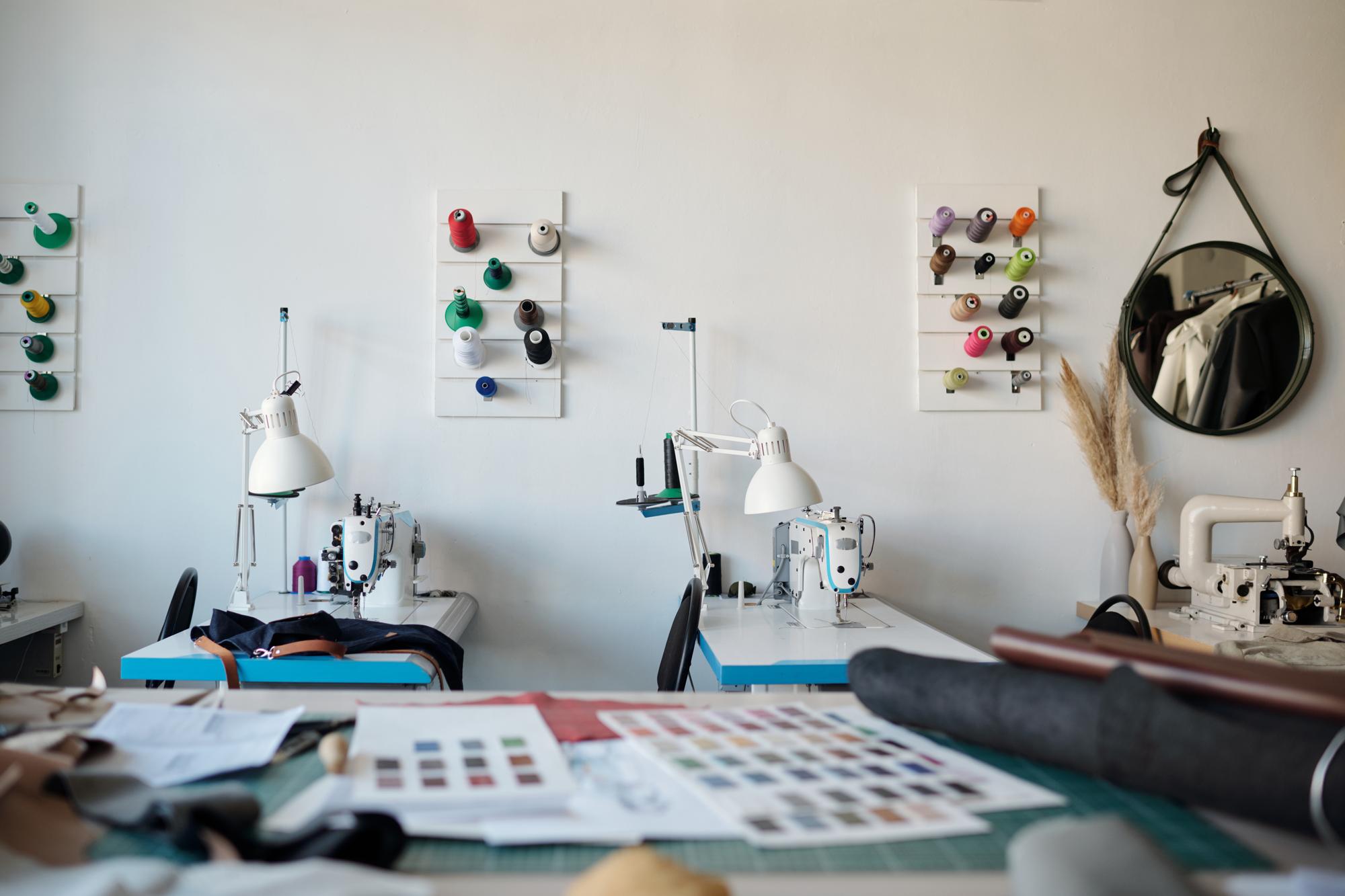Workshop with modern embroidery machines and samples